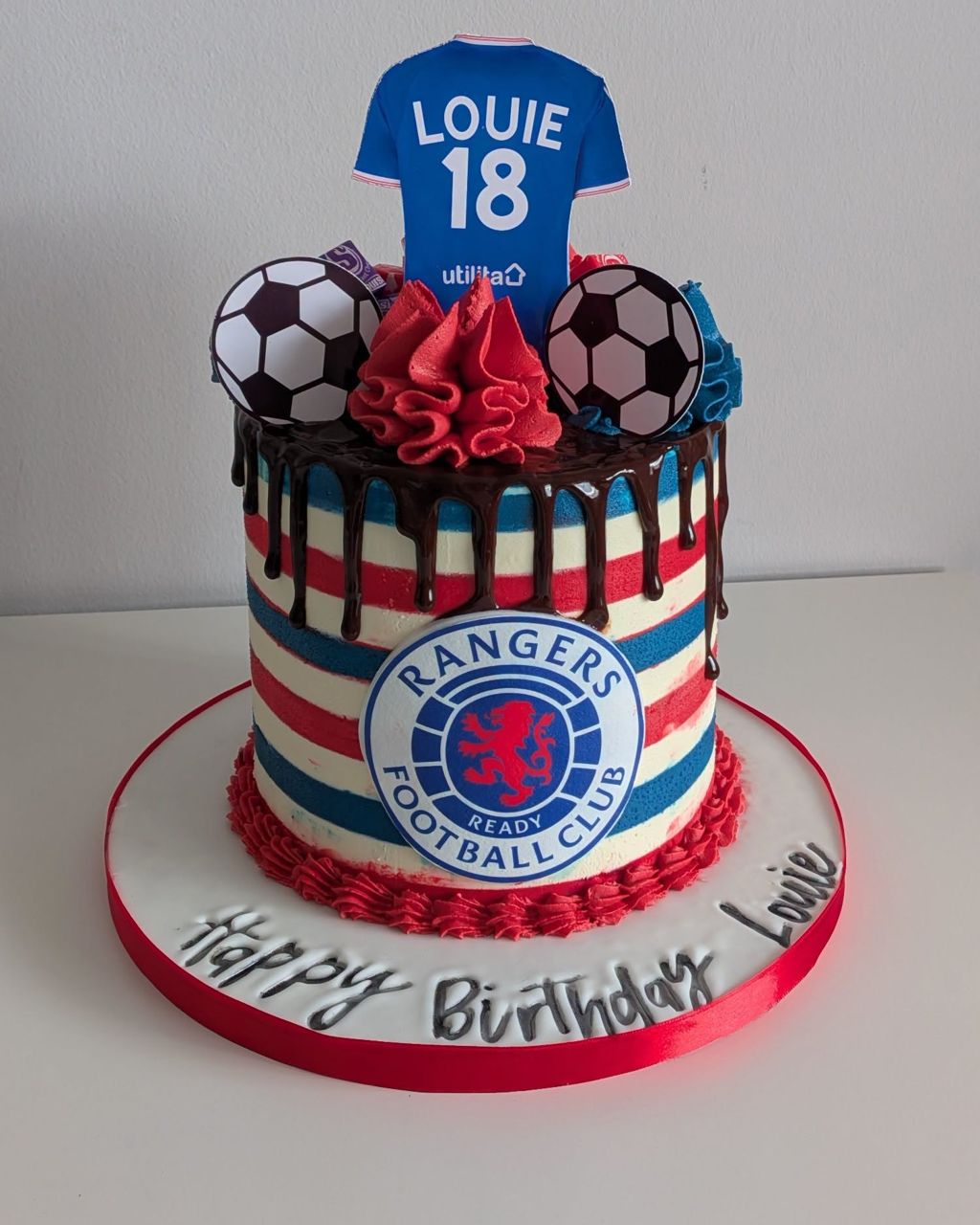 Football themed birthday cake with a shirt topper