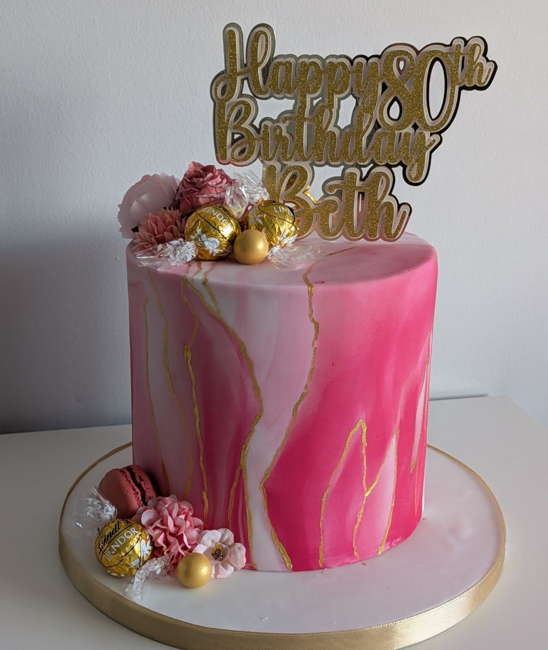 Fuchsia pink and gold marble birthday cake by Hollybobs Bakery